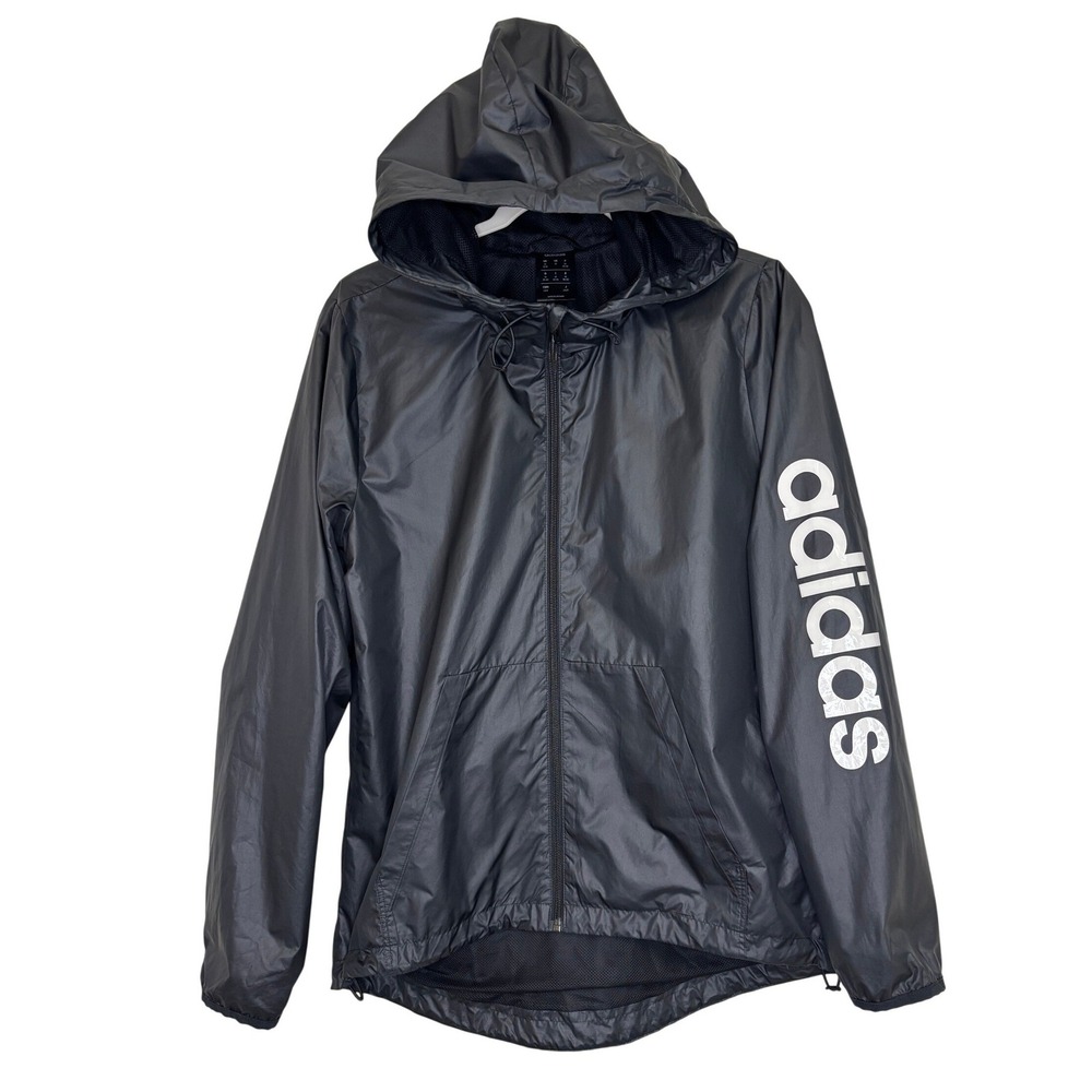 Adidas Essentials Windbreaker Jacket Mens M Black Hooded Full Zip  Linear Logo